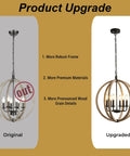 Comparison of original and upgraded Six Light Orb Farmhouse Chandelier In Brown Wood Globe Handcrafted Solid Wood Light Fixture.