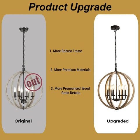 Comparison of original and upgraded Six Light Orb Farmhouse Chandelier In Brown Wood Globe Handcrafted Solid Wood Light Fixture.