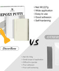 2 Part Epoxy Putty For Underwater Or Above Surface Repairs box with 8oz white putty, scraper tool, and comparison to other products.