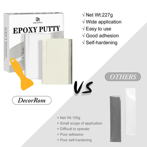 2 Part Epoxy Putty For Underwater Or Above Surface Repairs box with 8oz white putty, scraper tool, and comparison to other products.