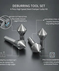 4 Piece Pro Grade High Speed Steel Deburring Tool Kit For Metal Holes And Sheet Metal Edges Chamfer Cutter Set shown