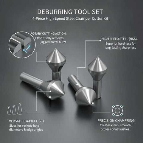 4 Piece Pro Grade High Speed Steel Deburring Tool Kit For Metal Holes And Sheet Metal Edges Chamfer Cutter Set shown