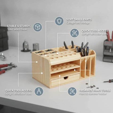 Wooden Tool Organizer Box With Divided Compartments And Vertical Tool Slots on a desk, holding screws, pliers, a solid wood base.
