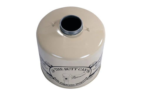 Top view of the beige galvanized steel lid for Outdoor Smokeless Cigarette Butt Receptacle In Galvanized Steel With Lid 5 Gallon Capacity 40 Inch Tall 12 Inch Diameter Beige US Made Built Tough For Rain Proof Odor Control And Easy Cleaning.