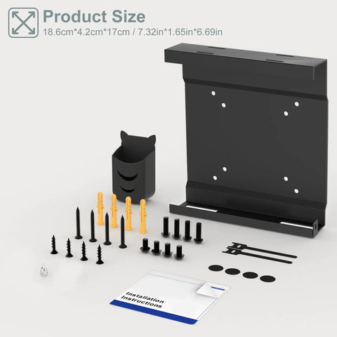 Straight Up Sturdy Wall And Underdesk Mount For Micro PC With Vesa Compatible Mini PC Bracket Including A Nifty Pen Holder And No Sweat Cable Management For Optiplex installation kit components layout including bracket, screws, and instructions.