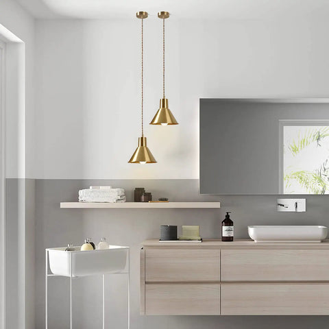 Brushed Gold Modern Cone Pendant Light For Kitchen Island And Hallway Brass Hanging Ceiling Lamp With Vintage Mid Century Charm Retro Style Pendant Fixture For Warm Glow in modern bathroom