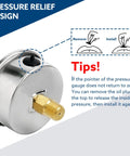 Pressure relief design of Glycerin Filled Low Pressure Gauge 0 To 100 Psi, 2.5 Inch Dial, Back Mount One Quarter Inch NPT, Stainless Steel Case.