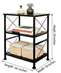 3-Tier Black Storage Shelf With Industrial X-Frame Design for books, decor, and baskets, metal frame 14x10x24 inches