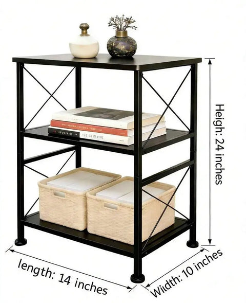 3-Tier Black Storage Shelf With Industrial X-Frame Design for books, decor, and baskets, metal frame 14x10x24 inches