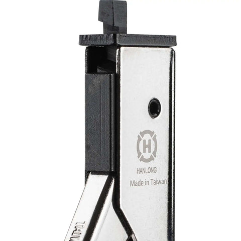 Close-up of the Pro Grade Nickel Plated Nibbling Tool For Cutting Square Holes in copper and aluminum panels, top view.