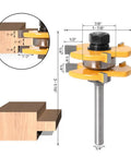 Fabater 45 Degree Stile Router Bit Set With T Shaped Geometry And Three Sharp Teeth For Clean Wood Slotting On MDF Plywood And Particle Board Featuring Durable Cemented Carbide Construction And Precision 1/4 Inch Shank Fitment For Smooth Cutting Without, detailed dimensions and illustrations.