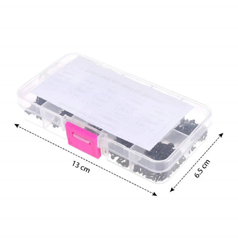 Heavy Duty M1 M1.2 M1.4 M1.7 Carbon Steel Screw Assortment With Phillips Pan Heads For Electronics And Home Jobs in a clear storage box.