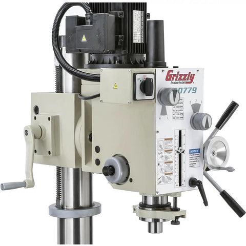 Heavy Duty Gearhead Drill Press With Three Eighth Inch Chuck Floor Model Solid Black Finish High Power Shop Tool control panel