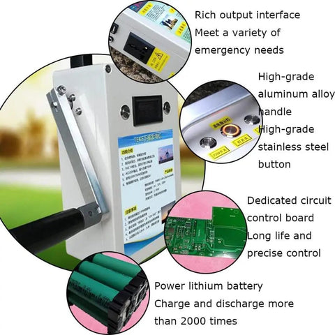 Portable Hand Crank Generator 150W with USB output, aluminum handle, circuit board, and lithium battery for emergencies