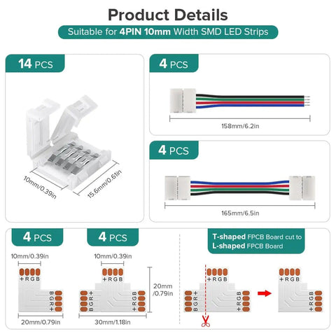 Product details of 4 Pin 10mm SMD LED Connector Kit with L Splitter and Right Angle T Shape Solderless Gapless Connectors