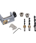 Professional Aluminum Doweling Jig Kit For Woodworkers Featuring Slick Setup And Dead Nut Hole Locator Accuracy With 8mm 10mm 12mm Drill Bits And Sleeves Perfect Clamping Guide parts including aluminum body and drill bits