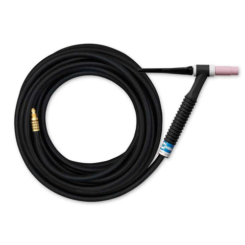 A 150 TIG Torch Kit Mono Flex 25 Foot Hand Held Air Cooled TIG Welding Torch Workhorse with Diamond Grip Head shown coiled