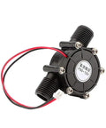 Hydro Water Turbine Generator 12V DC 10W Portable Hydroelectric Power Source for Outdoor Charging Radios LED Lights and Off Grid Adventures Ideal for Camping Boating Emergency Kits and Remote Power Needs, black turbine with red and black wires, suitable for camping and emergencies.