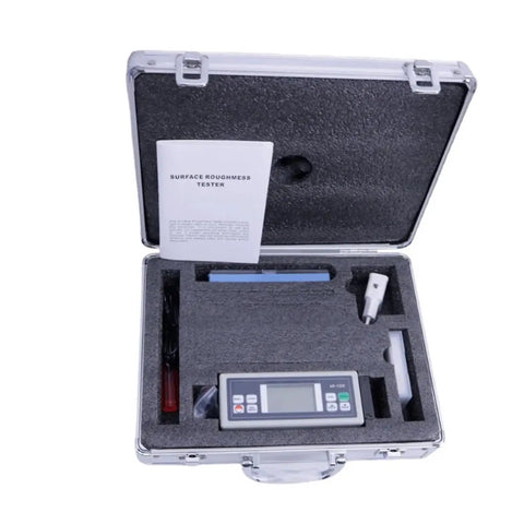 No Sweat Industrial Surface Roughness Tester With Bullet Proof Accuracy And Rapid Fire Charging in a portable case with accessories.