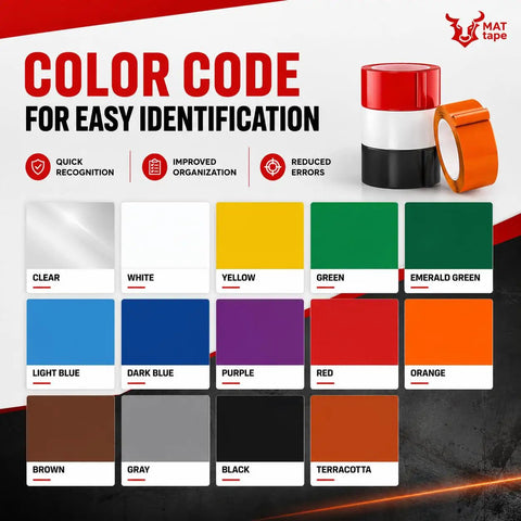 Color code chart showcasing various tape colors for easy identification, including yellow for Top Shelf Yellow Vinyl Marking Tape 4 Inch By 36 Feet Heavy Duty Safety Floor Tape For Warehouses And Gyms Hella Durable Pinstripe Strips For Cars Boats And Dance Floors.