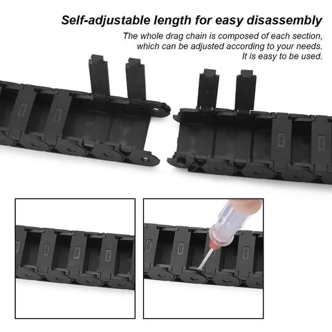 Heavy Duty Semi Enclosed Drag Chain Cable Carrier for CNC Machines, black plastic, inner side openable, adjustable length