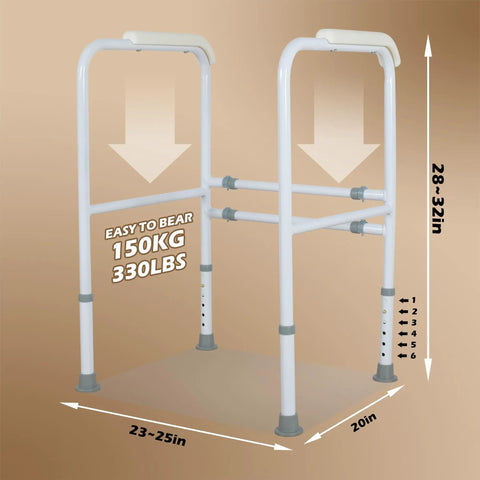 Foldable Toilet Safety Rails With Adjustable Stability Frame Built Damn Tough For Sit And Stand Mobility Real Deal Secure Support 300 Pound Weight Limit Hassle Free Universal Fit, 28-32in height.