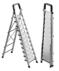 Heavy Duty Folding Step Ladder With Handrail 11 Steps Stainless Steel Anti Slip Pedals Sponge Handrail Safe Lock Design Space Saving Tall Kitchen Closet Ladder For Home And Garage Use, folded and open view