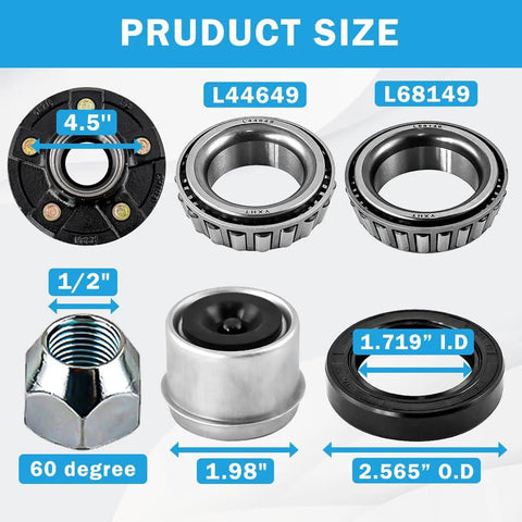 Trailer idler hub kit, 2-pack from RigsNParts, 4.5-in bolt pattern with bearings and seal components.