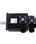 Servo motor with black aluminum housing, left shaft visible and two circular connectors