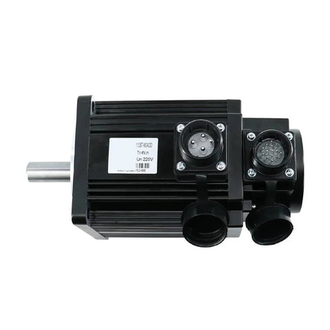 Servo motor with black aluminum housing, left shaft visible and two circular connectors