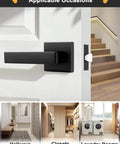 Square Black Interior Door Handle Set No Lock Passage Lever for Left or Right Handed Doors installed on interior door