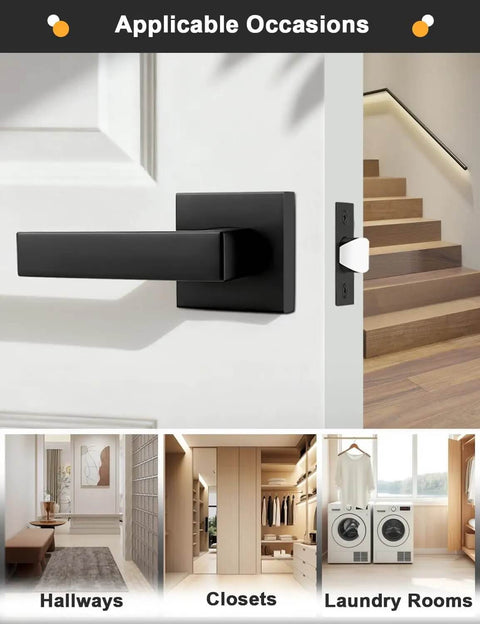 Square Black Interior Door Handle Set No Lock Passage Lever for Left or Right Handed Doors installed on interior door