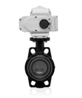 Butterfly Valve 110 Millimeter Wafer Type U PVC Body For Water Air And Liquids 4 Inch Size With IP67 Sealed Electric Actuator 110V AC Industrial Use Precise Flow Control And Optional 4 To 20 mA Proportional Control For Remote Automation, front view