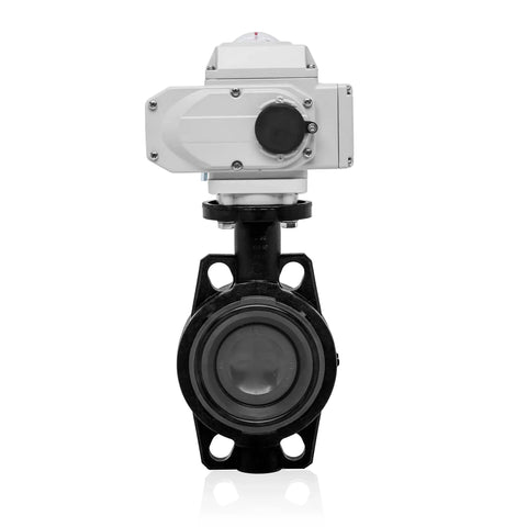 Butterfly Valve 110 Millimeter Wafer Type U PVC Body For Water Air And Liquids 4 Inch Size With IP67 Sealed Electric Actuator 110V AC Industrial Use Precise Flow Control And Optional 4 To 20 mA Proportional Control For Remote Automation, front view