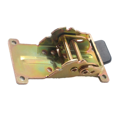 Close-up of industrial locking hinge with 180-degree foldable leg bracket; yellow zinc-coated metal with mounting holes
