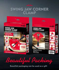 Premium Aluminum Single Handle Corner Clamp For Woodworking With Smooth Rotary Jaw And Dead Tight Grip For Easy Peasy Setup On Any Tight Fitting Cabinet Build packaging displayed in red and black boxes.