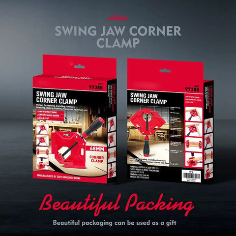 Premium Aluminum Single Handle Corner Clamp For Woodworking With Smooth Rotary Jaw And Dead Tight Grip For Easy Peasy Setup On Any Tight Fitting Cabinet Build packaging displayed in red and black boxes.