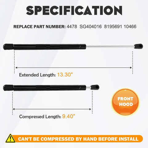 Hood Lift Supports Set of 2 Heavy Duty Gas Spring Struts for Ford Expedition specifications with lengths and part numbers.