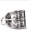Beefy Heavy Duty Stainless Steel Double Pulley Block With Swivel Wheel For Lifting, 304 Grade, M32 Rope Fit, 9mm Rope Compatible, Waterproof And Rustproof, Great For Hoists, Ceiling Rigs, And DIY Lifts. Side view of 304 stainless steel double pulley block with swivel wheel, M32 rope fit.