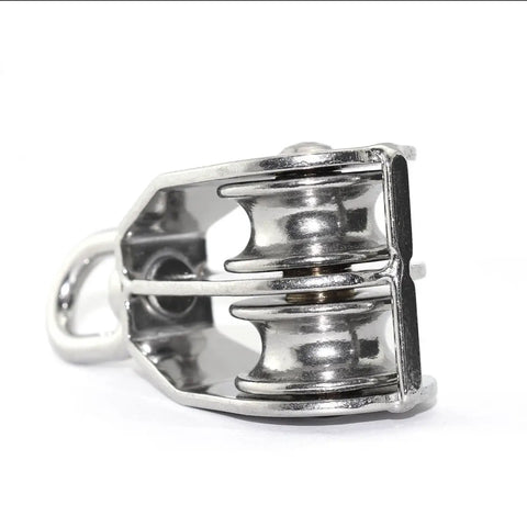 Beefy Heavy Duty Stainless Steel Double Pulley Block With Swivel Wheel For Lifting, 304 Grade, M32 Rope Fit, 9mm Rope Compatible, Waterproof And Rustproof, Great For Hoists, Ceiling Rigs, And DIY Lifts. Side view of 304 stainless steel double pulley block with swivel wheel, M32 rope fit.