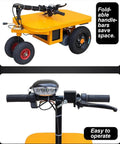 Heavy Duty Electric Platform Truck Cart That Is Portable And Foldable With Smooth Wheels For Moving Groceries, Tools In Garage Or Warehouse Without Breaking Your Back, showing foldable handlebars and operable controls.
