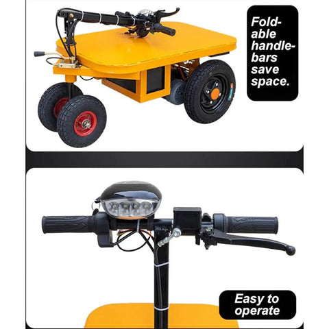 Heavy Duty Electric Platform Truck Cart That Is Portable And Foldable With Smooth Wheels For Moving Groceries, Tools In Garage Or Warehouse Without Breaking Your Back, showing foldable handlebars and operable controls.