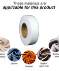 Double Sided Iron On Hemming Tape Fusible Bonding Web For Garment Repair And Crafting with various applicable fabrics shown.