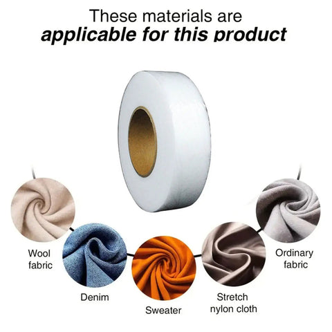 Double Sided Iron On Hemming Tape Fusible Bonding Web For Garment Repair And Crafting with various applicable fabrics shown.