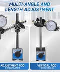 Pro Grade Magnetic Dial Indicator Kit with 0 to 1 inch range and 0.001 inch resolution, shown with multi-angle adjustment features.