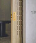 Gold Finish 4.72 Inch Pocket Door Handles And Edge Pulls In 304 Stainless Steel on wooden door, recessed flush design.