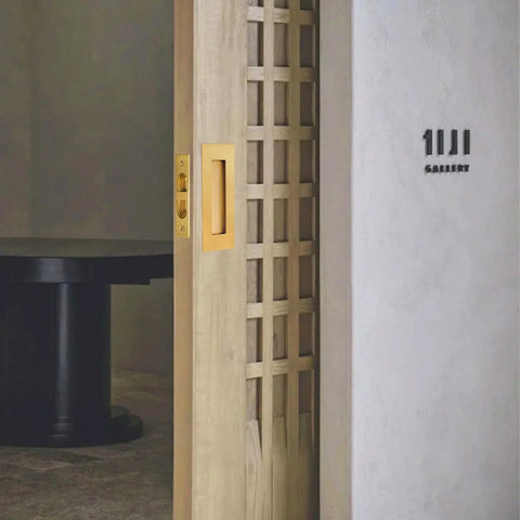 Gold Finish 4.72 Inch Pocket Door Handles And Edge Pulls In 304 Stainless Steel on wooden door, recessed flush design.
