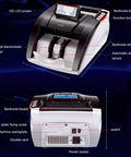 Heavy Lift Portable Bill Counter With Swivel Screen And Worldwide Currency Scan To Catch Counterfeits Cold showing HD LCD features and controls.