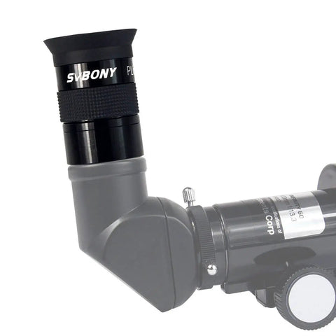 Close-up of 40mm Plossl Eyepiece for telescopes, 1.25 inch Dope Optics, 4-element glass, metal body attached to telescope