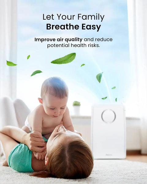 Mother and baby near air purifier with 5 In 1 Replacement Filter For PB P01 HEPA Air Purifier With Pre Filter True HEPA Cold Catalyst Activated Carbon CADR 218 Keeps Your Air Fresh At Home Easy Install Fits PB P01F.